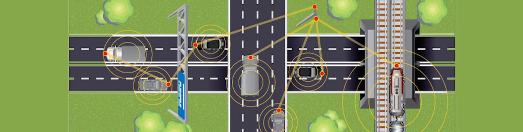 Graphic | overhead conceptual drawing of connected vehicles on a highway system.